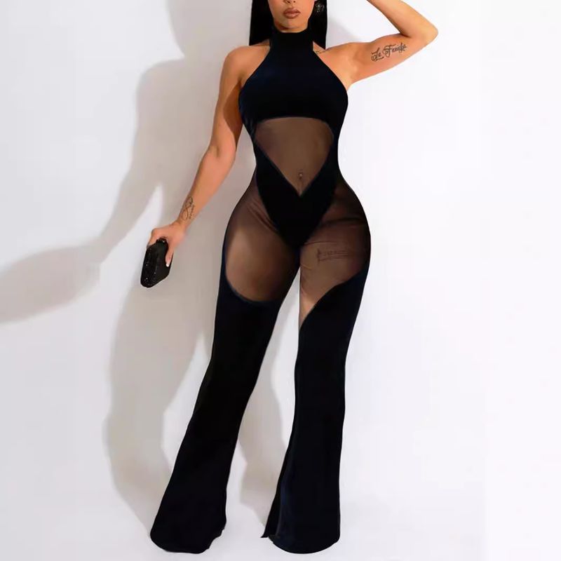Women&amp;#039;s New Hanging Neck Sexy Stitching Solid Color Sleeveless Mesh Stitching Casual Jumpsuit