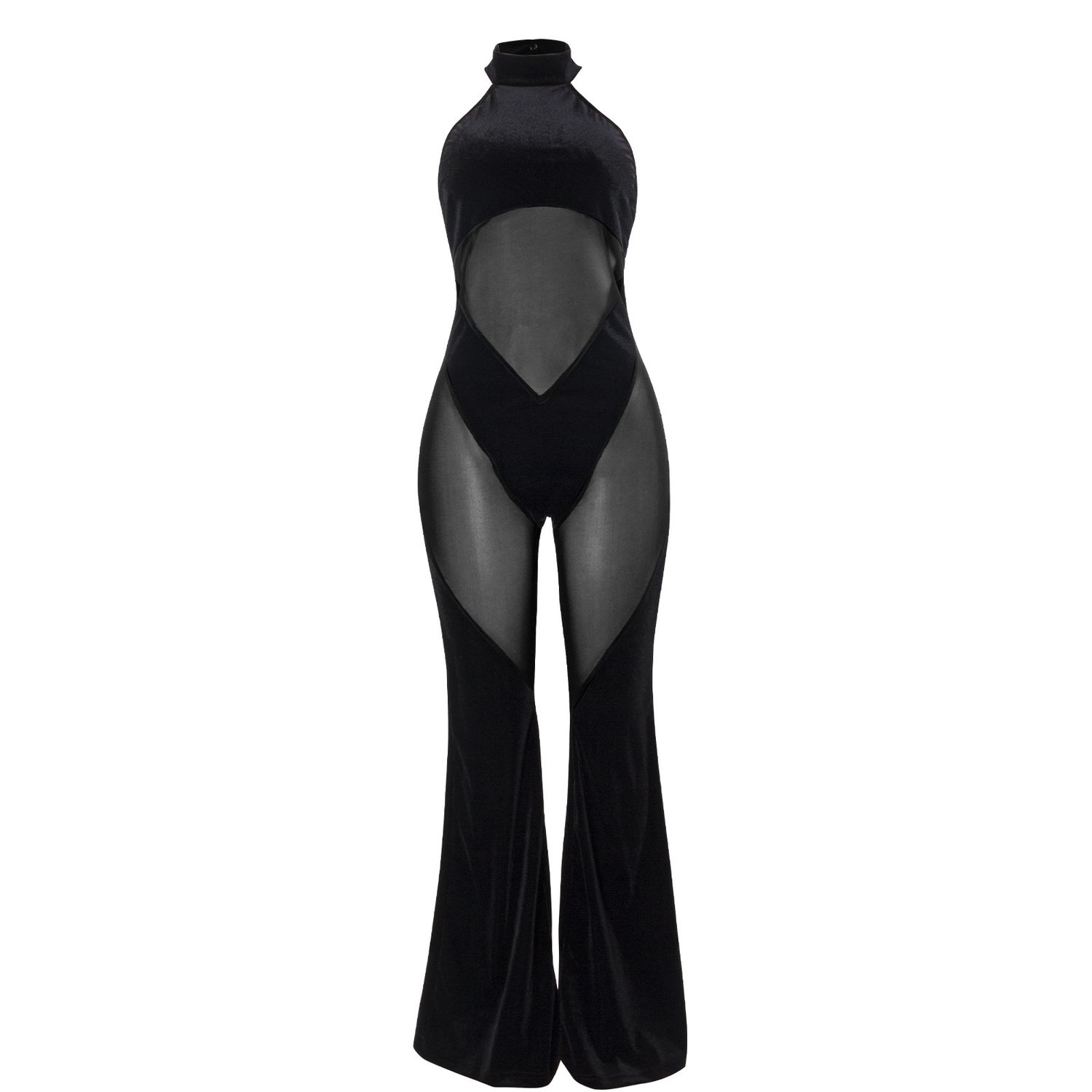 Women&amp;#039;s New Hanging Neck Sexy Stitching Solid Color Sleeveless Mesh Stitching Casual Jumpsuit
