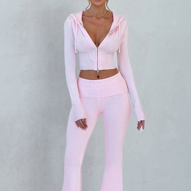 Spring 2025 New European And American Cross-border Solid Color Slim-fit Short Hooded Top Casual Pants Suit Two-piece Set For Women, Color: Pink, Size: S