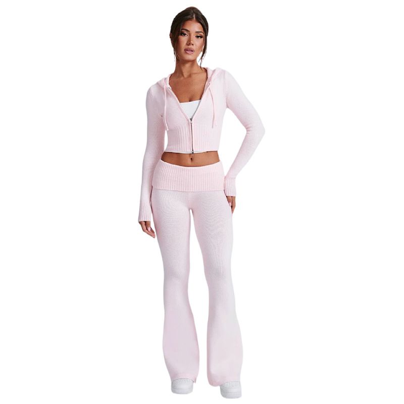 Spring 2025 New European And American Cross-border Solid Color Slim-fit Short Hooded Top Casual Pants Suit Two-piece Set For Women