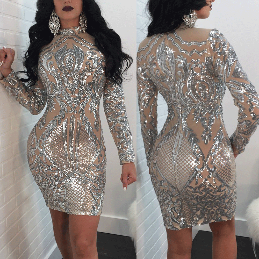 Nightclub Sexy Sequins Long Sleeve Dress Women, Size: S, Color: Silver