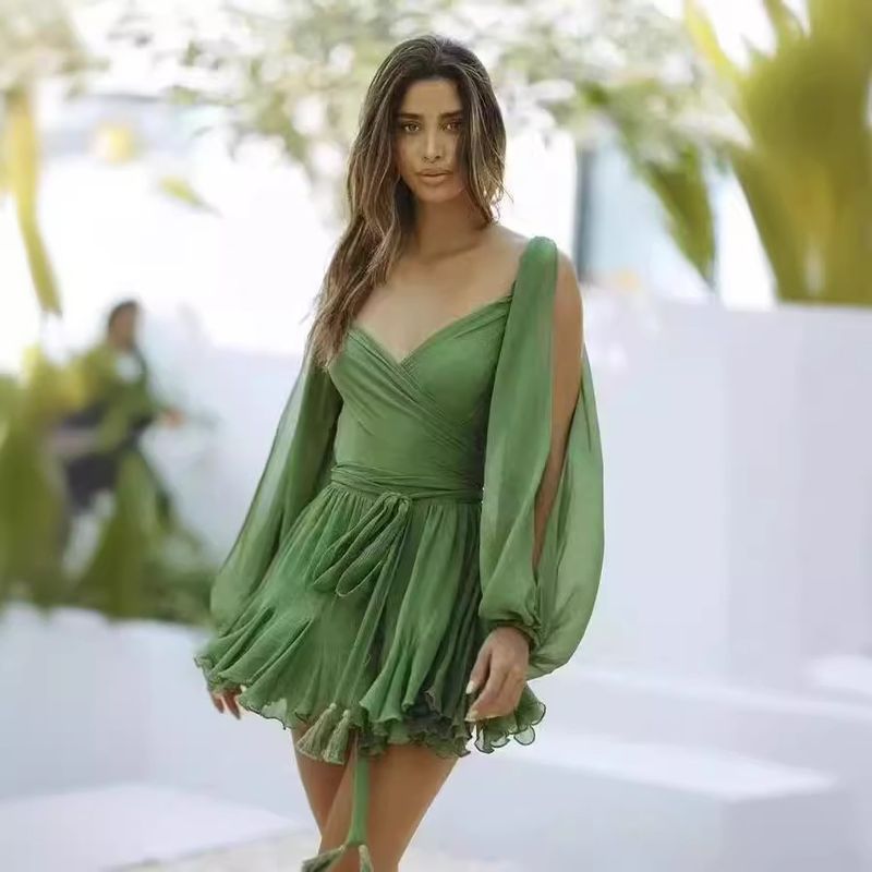 2024 Spring Women&amp;#039;s Dress Sexy Spice Girls Hollow Lantern Sleeve V-neck Shoulder Dress