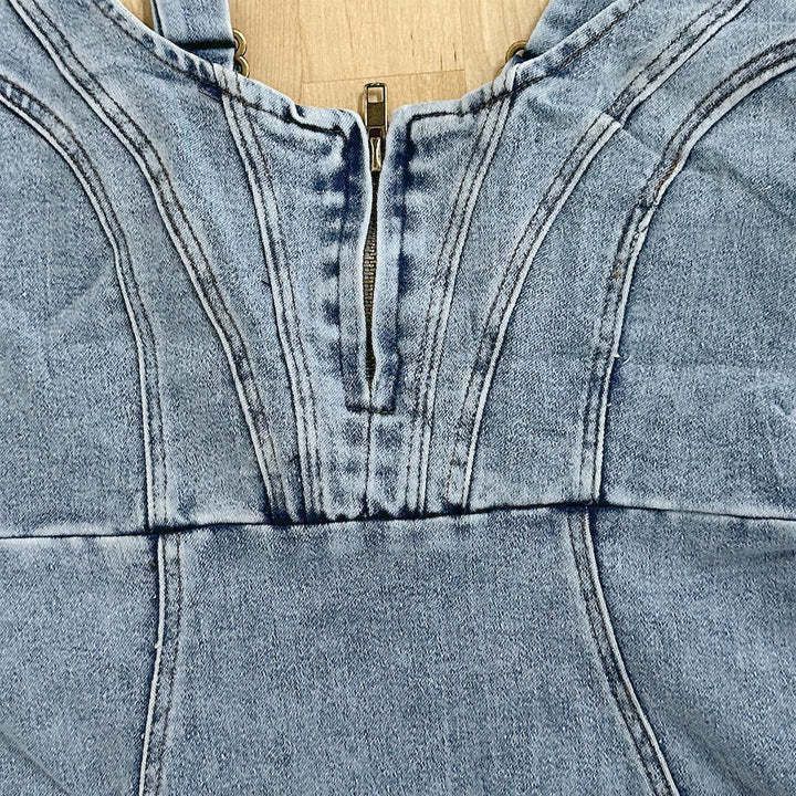 Short Sleeve U-neck Sling Old Leisure Style Denim Connection Dresses