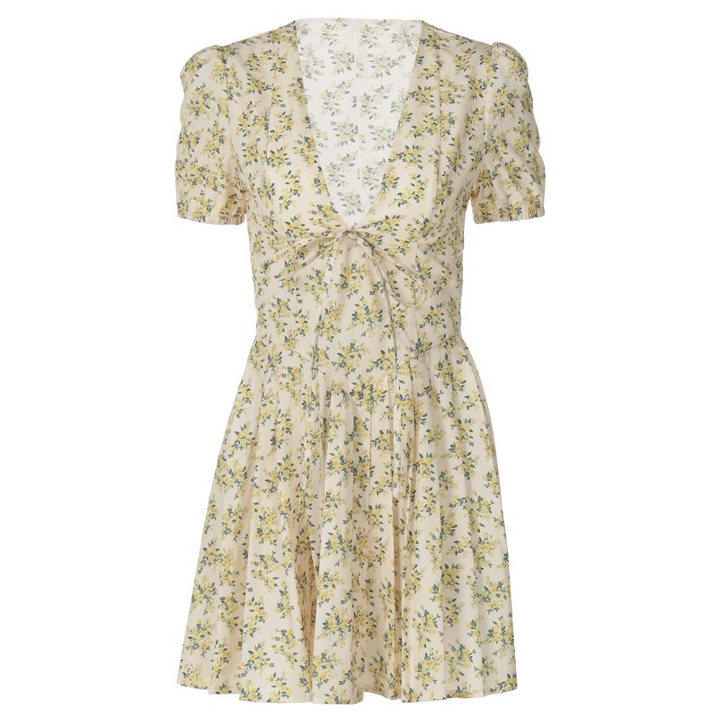 French Style Sweet Style Summer New Sexy Deep V Thin Waist Short Sleeve Mid-length Pleated Floral Dress