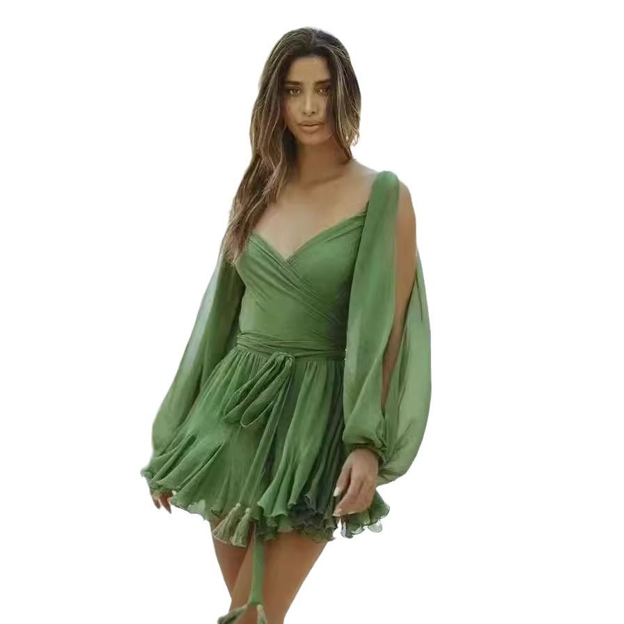 2024 Spring Women&amp;#039;s Dress Sexy Spice Girls Hollow Lantern Sleeve V-neck Shoulder Dress