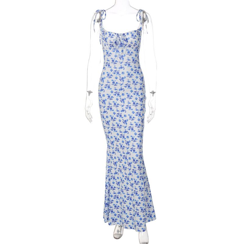 2024 Spring Explosive New Small Floral Sling Dress, Color: Blue, Size: S