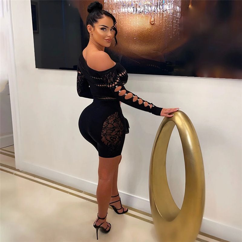 European And American Cross-border New Sexy Hollow-out Long-sleeved Jumpsuit Oblique Shoulder See-through Mesh Tight Nightclub Hot Girl Jumpsuit