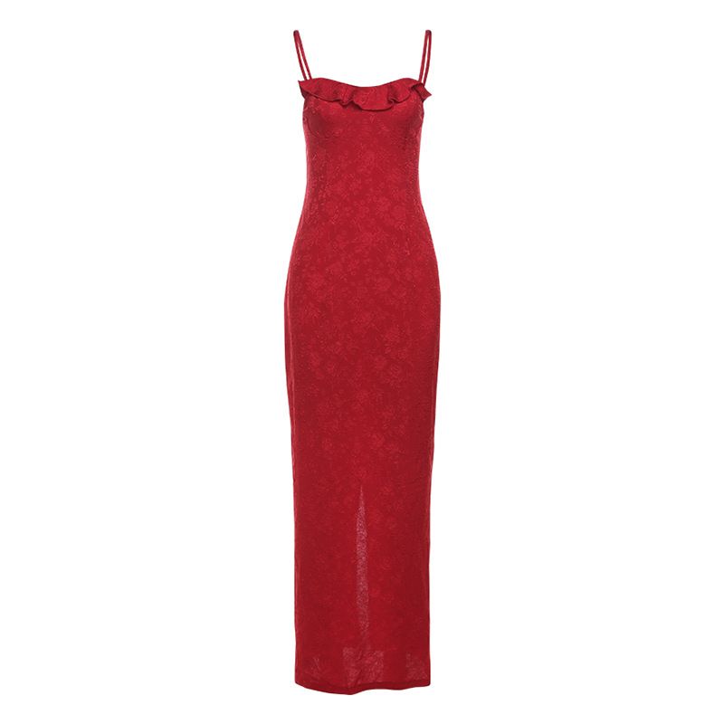 Backless Split Solid Color Sling Polyester Dress, Size: S, Color: Red