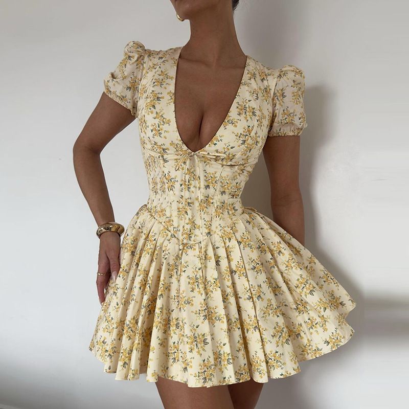 French Style Sweet Style Summer New Sexy Deep V Thin Waist Short Sleeve Mid-length Pleated Floral Dress