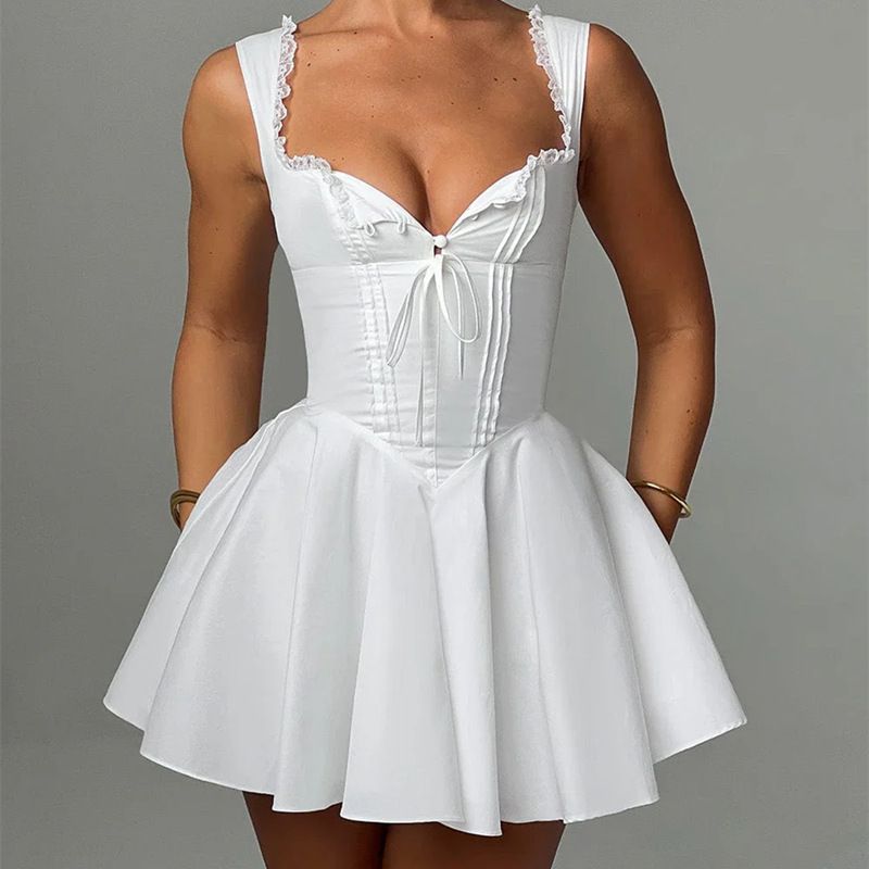 2024 Summer New Sexy V-neck Low-cut French Court Ballet Style Lace Stitching Sling Dress