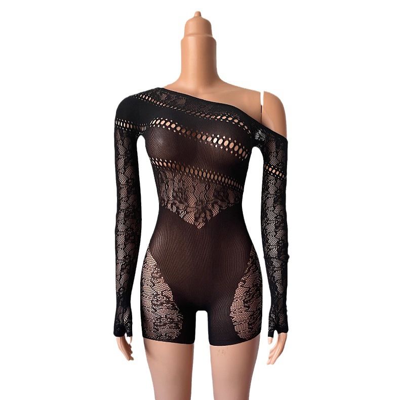 European And American Cross-border New Sexy Hollow-out Long-sleeved Jumpsuit Oblique Shoulder See-through Mesh Tight Nightclub Hot Girl Jumpsuit, Color: Black, Size: One size (simple dress)
