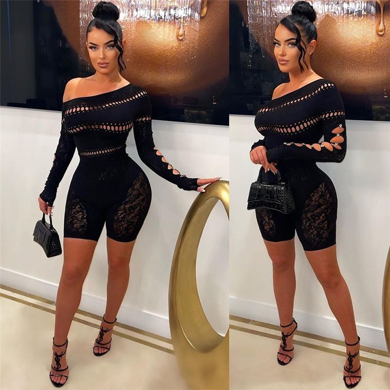European And American Cross-border New Sexy Hollow-out Long-sleeved Jumpsuit Oblique Shoulder See-through Mesh Tight Nightclub Hot Girl Jumpsuit