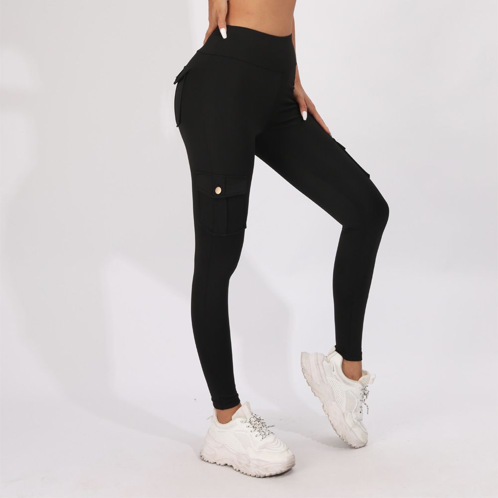 Breathable Hip Lifting Button Pocket Sports Brushed Nude Yoga Slimming Tight Leggings, Color: black, Size: S