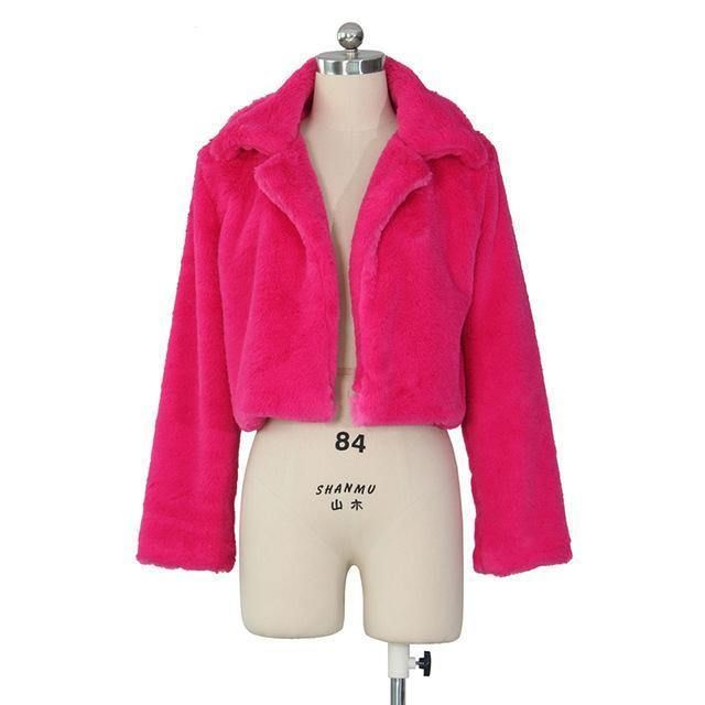 Hot sale Europe and America autumn and winter loose faux fur cardigan short jacket fluffy jacket, Color: Rose Red, Size: S