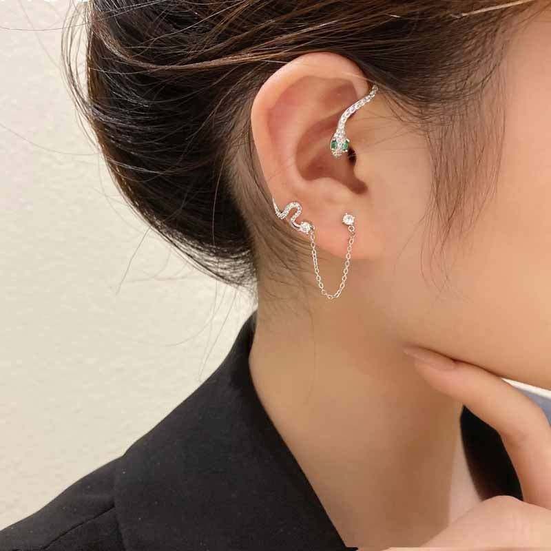 Dongdaemun Diamond Alloy Snake Shape Stud Earrings, Buy 1: Cuff Earrings, Get 1 Free: Cuff Earrings