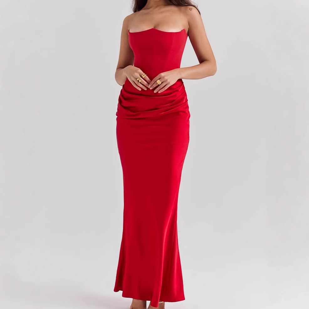 2025 Europe And The United States Cross-border Spring And Summer New Waist Hip Dress Satin Tube Pleated Stitching Dress Women&amp;#039;s Clothing