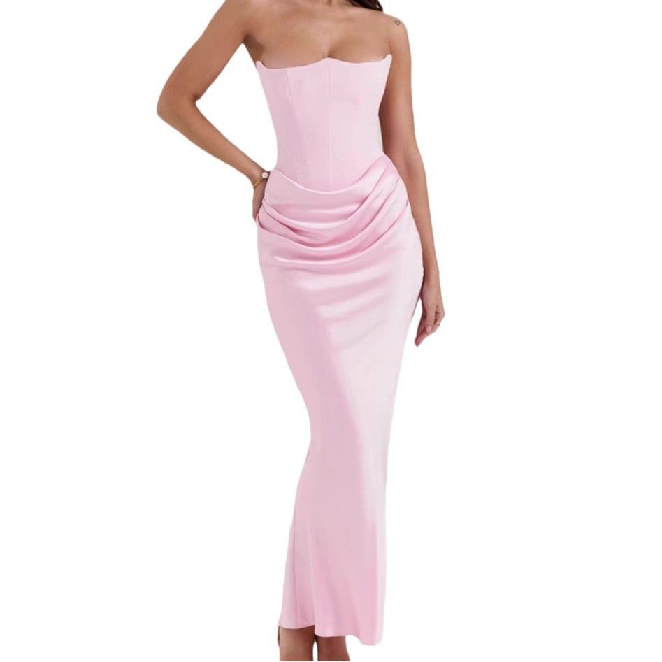 2025 Europe And The United States Cross-border Spring And Summer New Waist Hip Dress Satin Tube Pleated Stitching Dress Women&amp;#039;s Clothing