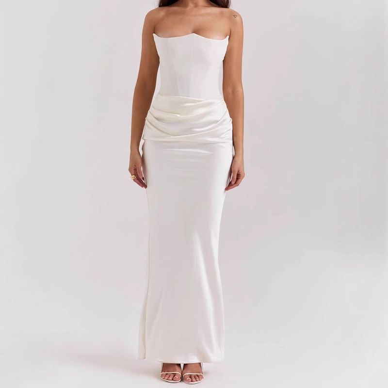 2025 Europe And The United States Cross-border Spring And Summer New Waist Hip Dress Satin Tube Pleated Stitching Dress Women&amp;#039;s Clothing