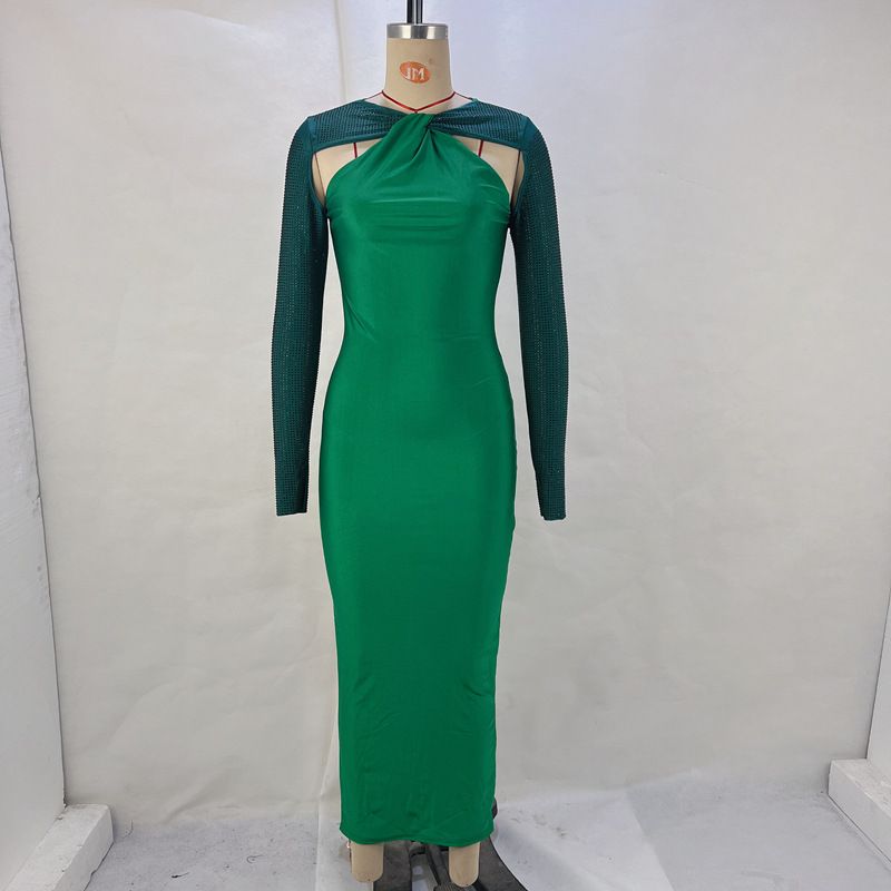 New Sexy Tight Long Hot Rhinestone Long Sleeve Stitching Dress, Color: Green, Size: S