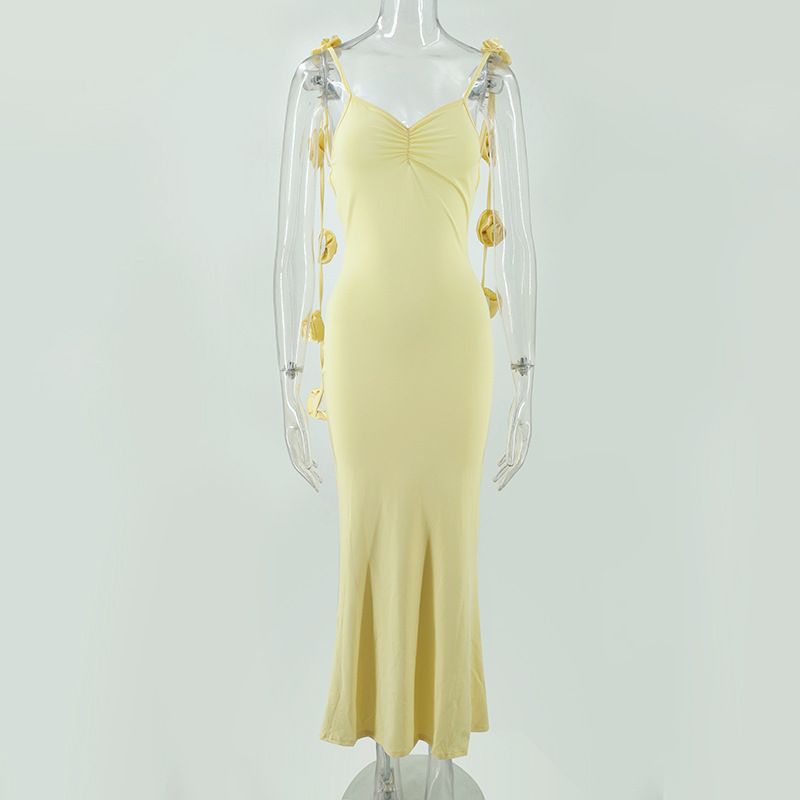 European And American Cross-border Hot Women&amp;#039;s Sexy Evening Dress Backless Shoulder Strap Three-dimensional Flower Decorative Sling Long Dress, Color: yellow, Size: XS