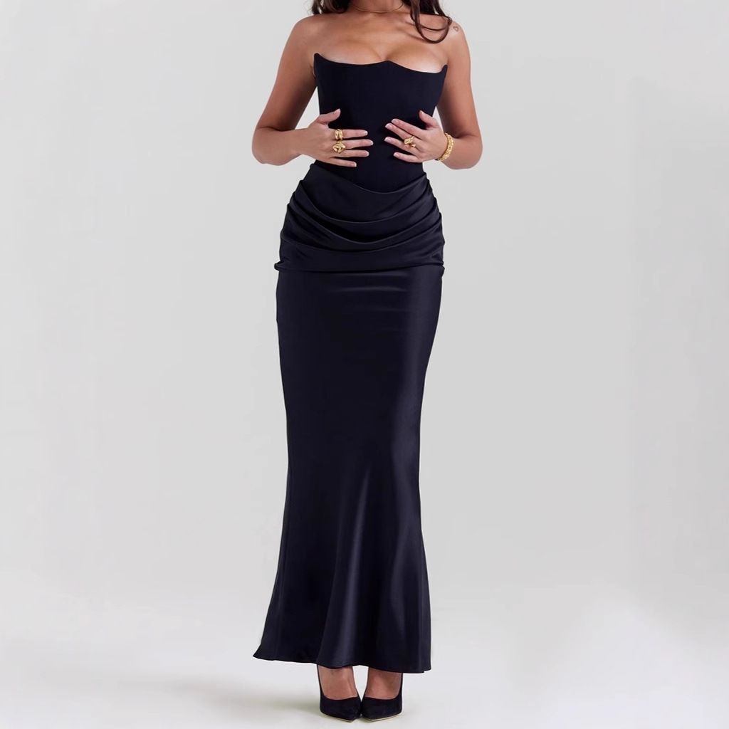 2025 Europe And The United States Cross-border Spring And Summer New Waist Hip Dress Satin Tube Pleated Stitching Dress Women&amp;#039;s Clothing
