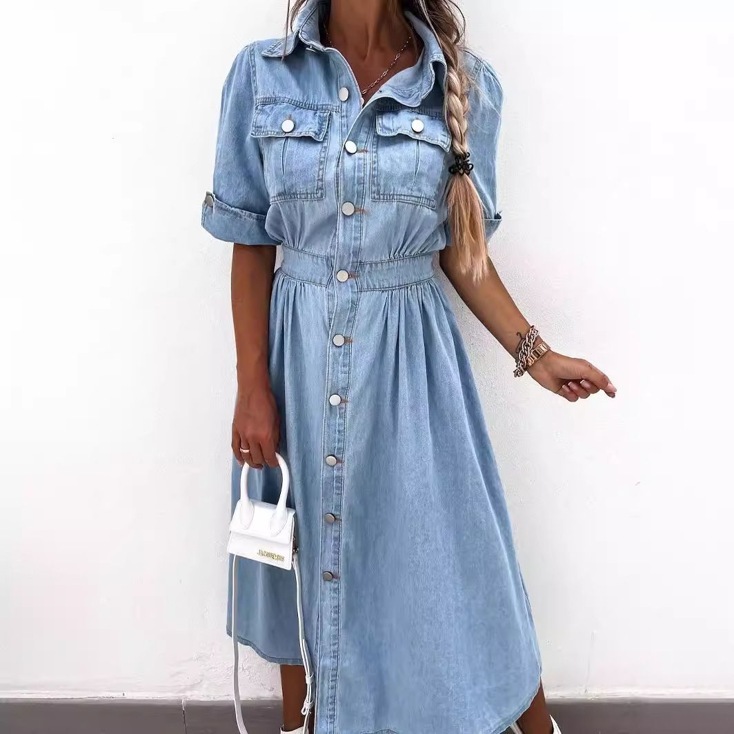Cross-border TEMU Russian Foreign Trade Amazon 2024 Summer Women&amp;#039;s New Button Shirt Short Sleeve Denim Dress, Size: S, Color: Light blue