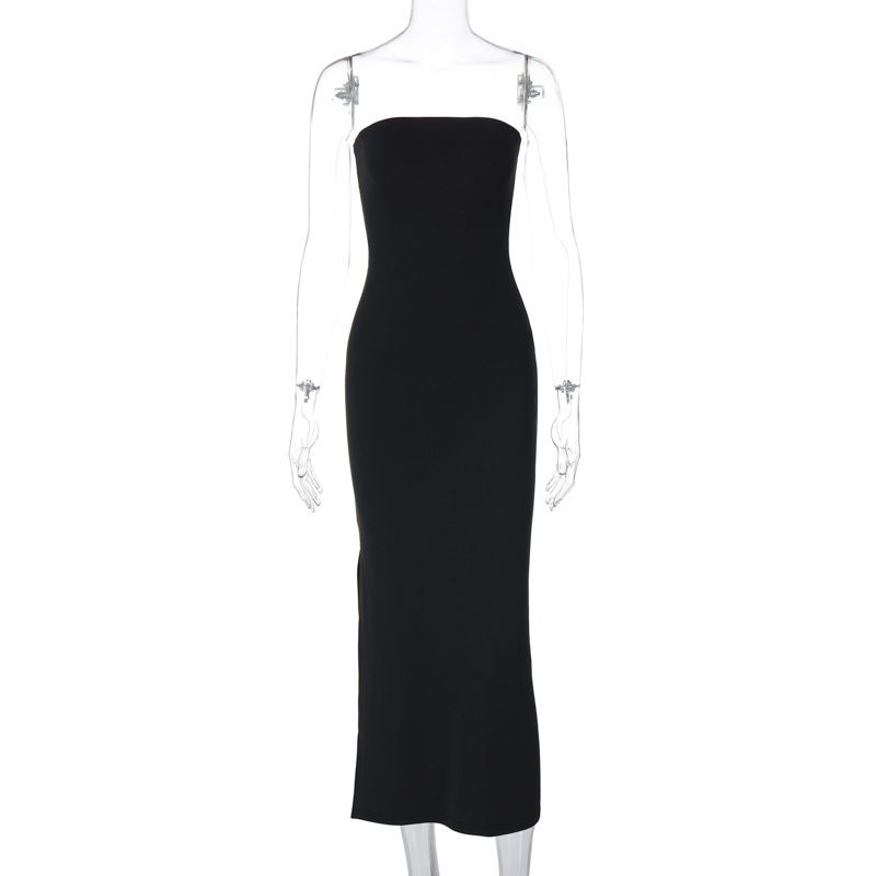 European And American Style Women&amp;#039;s Clothing Autumn And Winter New One-neck Sexy Tube Top Backless Solid Color Slim Slit Long Dress, Size: S, Color: Black