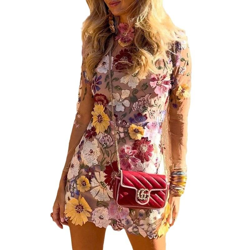Three-dimensional Flower Mesh Lace Embroidered Sheath Slim Slimming Sexy Dress