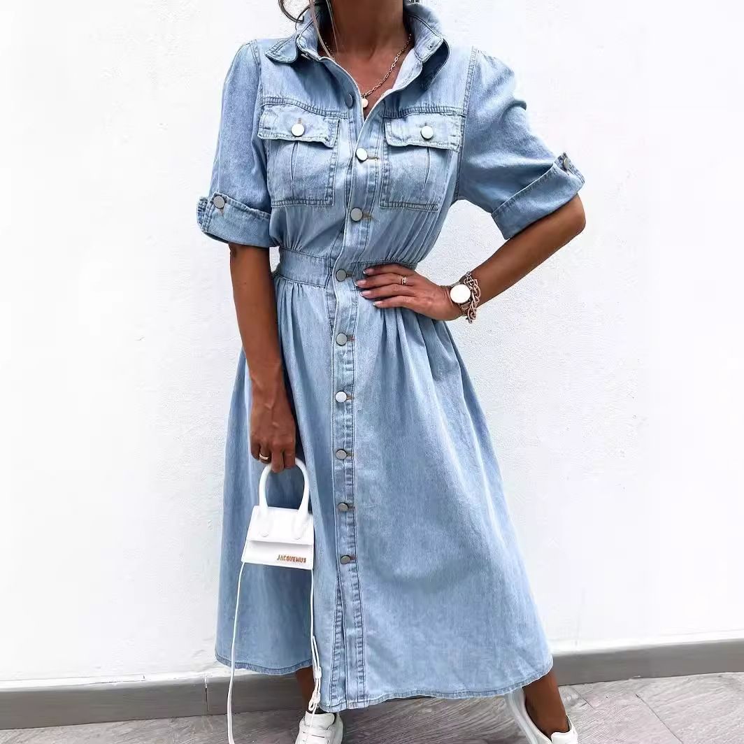 Cross-border TEMU Russian Foreign Trade Amazon 2024 Summer Women&amp;#039;s New Button Shirt Short Sleeve Denim Dress