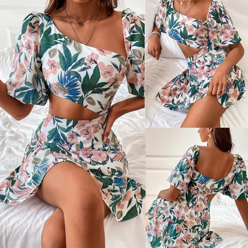 New Women&amp;#039;s Clothing Spring And Summer Oblique Shoulder Puff Sleeve Waist-exposed Dress