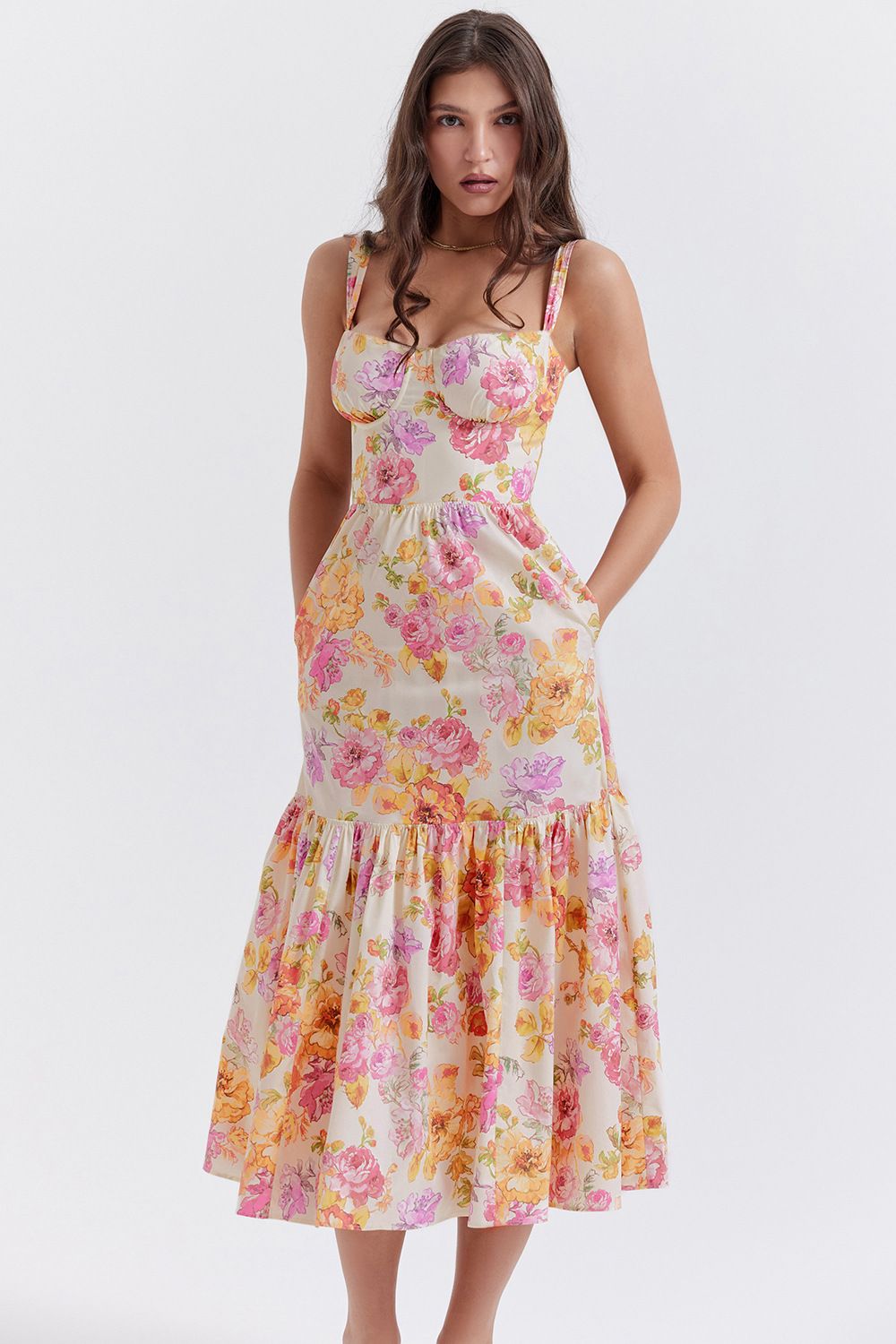 Women&amp;#039;s Independent Station 2024 Spring And Summer New Sweet Spicy Style Sling Solid Color A Swing Floral Cake Dress, Color: Orange print, Size: S
