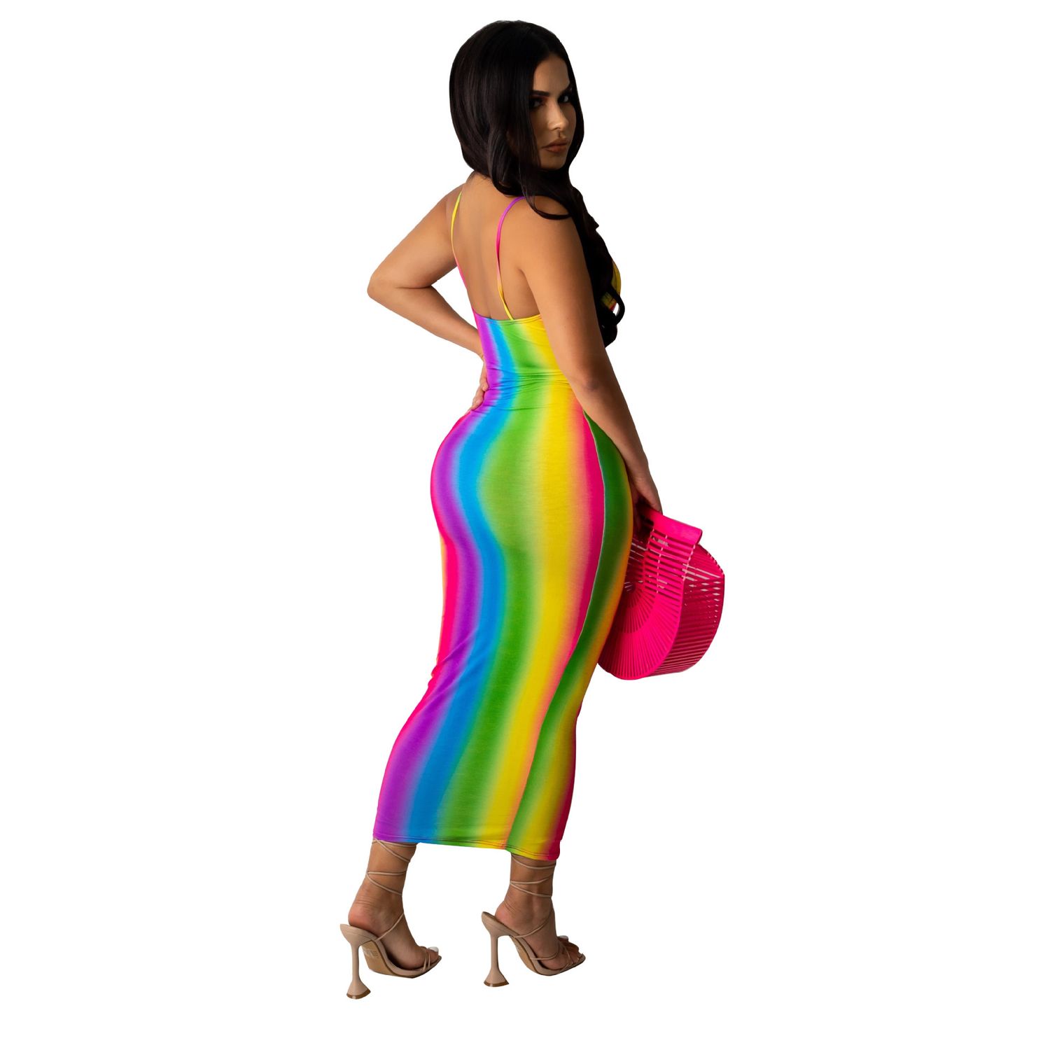 Women&amp;#039;s Clothing Fashionable And Sexy Deep V Striped Gradient Printed Suspender Hip Skirt