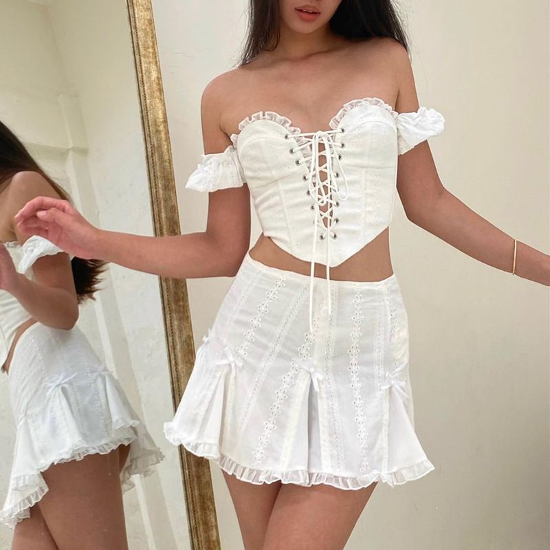 INS European And American Style 2023 New Summer Style Sexy Pure Lust Corset Strapped Puff Sleeve Lace Skirt Suit For Women