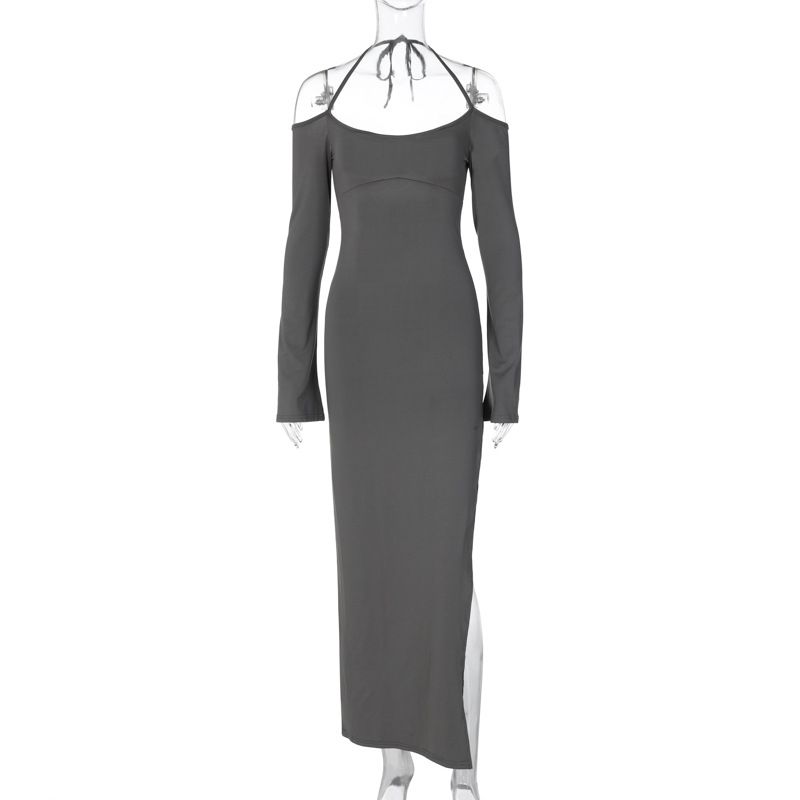 Autumn New Fashion And Sexy Backless Slit Solid Color Tube Top Dress, Size: S, Color: dark gray