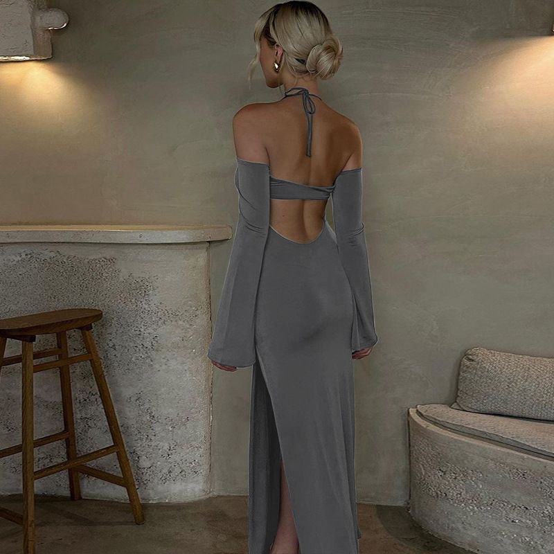 Autumn New Fashion And Sexy Backless Slit Solid Color Tube Top Dress