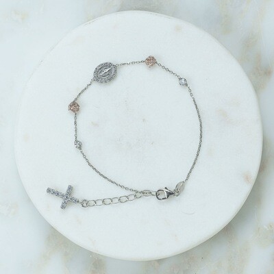 Silver Miraculous Medal Bracelet with Rose Beads