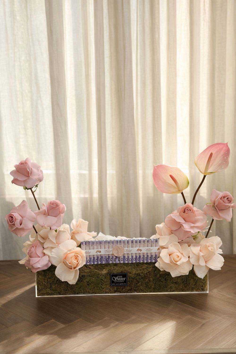 Artificial flower in Acrylic box with money 