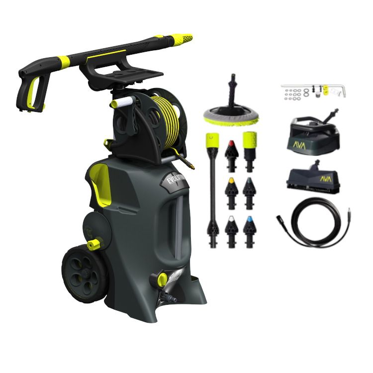 AVA Evolution P90 – L (Spezialversion mit 20 m Hochdruckschlauch) mit AVA Giga Set (P90) (730 l/h, 160 bar, 3300 W) AVA Evolution P90 – L (Spezialversion mit 20 m Hochdruckschlauch) mit AVA Giga Set (P90) (730 l/h, 160 bar, 3300 W)