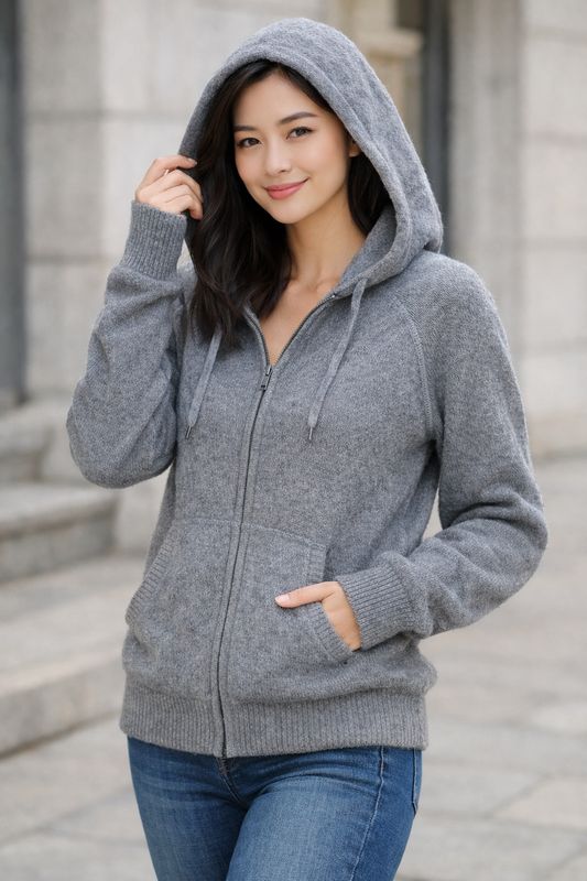 Grauer  Pullover mit Kapuze für Damen