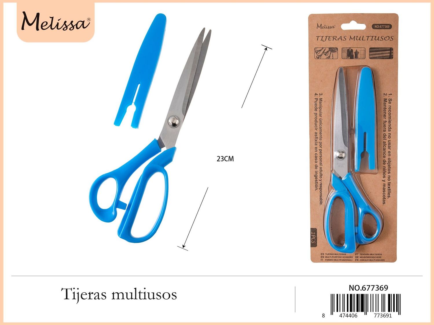 Multipurpose scissors 23cm blue with protector