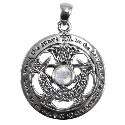 Large Cut Out Moon Pentacle pendant with Rainbow Moonstone