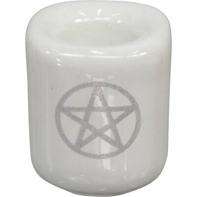 Mini Candle Holder White with Silver Pentacle