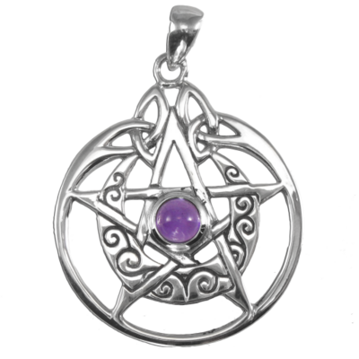 Crescent Moon Pentacle Circle pendant with Amethyst