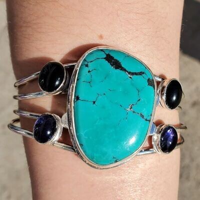 Turquoise, Obsidian and Iolite Silver Bracelet