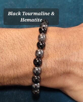 Black Tourmaline and Hematite 8mm stone bead bracelet