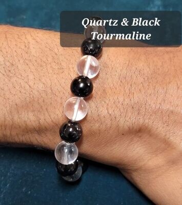 Quartz and Black Tourmaline 10mm stone bead bracelet