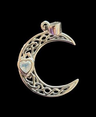 Celtic Crescent Moon Pendant with Rainbow Moonstone Heart