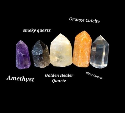 Crystal Points Kit (Clear Quartz, Smoky Quartz, Golden Healer Quartz, Amethyst, Orange Calcite)
