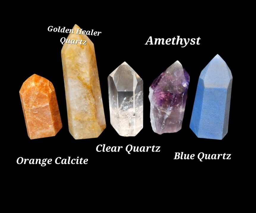 Crystal Point Kit (Premium) Clear Quartz, Golden Healer Quartz, Blue Quartz, Amethyst, Orange Calcite
