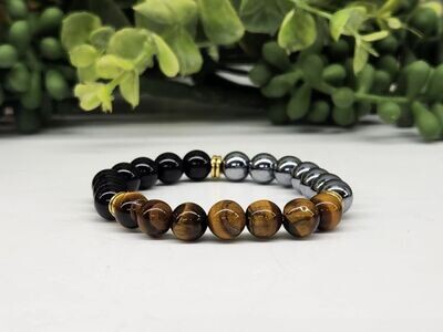 Triple Protection: (Hematite, Tiger Eye & Black Obsidian) 8mm stone bead bracelet